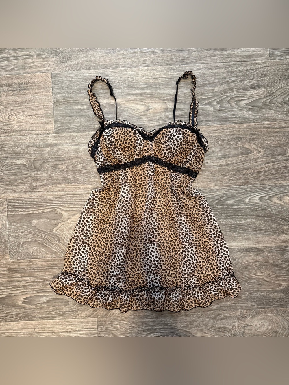 y2k inner secrets sheer leopard print babydoll lace trim chemise lingerie dress